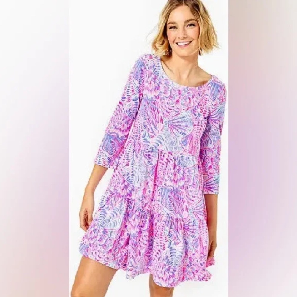 Lilly Pulitzer Geanna Dress in Sea You Soon Raz Berry Pink and Blue Patterned